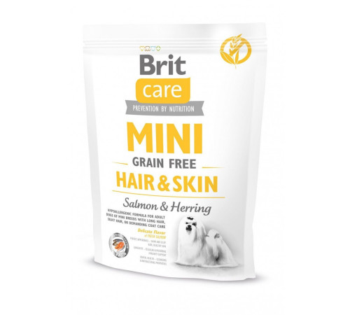 Корм сухий Brit Care Grain Free Mini Hair Skin для собак мніатюрних порід для шкіри та шерсті з лососем та оселедцем 400 г