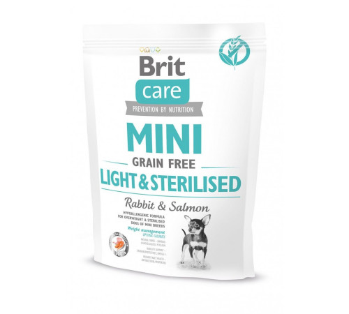 Корм сухий Brit Care Grain Free Mini Light Sterilised для дорослих собак дрібних порід з зайвою вагою або стерілізованих з кроликом та лососем 400 г