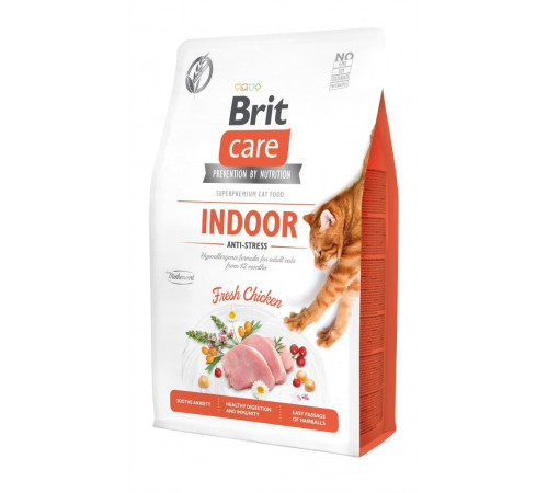 Корм сухий Brit Care Cat Grain Free Indoor Anti-stress для дорослих домашніх котів гіпоалергенний з куркою 2 кг