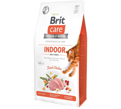 Корм сухий Brit Care Cat Grain Free Indoor Anti-stress для дорослих домашніх котів гіпоалергенний з куркою 7 кг